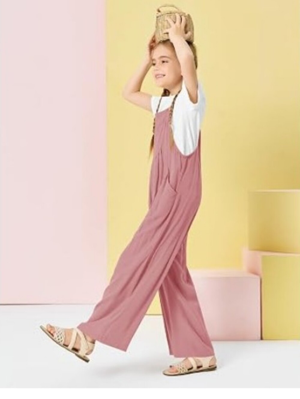 Girls Overalls Kids Casual Sleeveless Wide Leg Jumpsuit Loose Rompers Pink